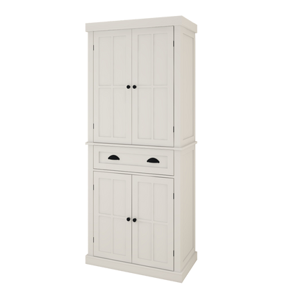 71" White Kitchen Pantry Cabinet - 4 Doors, Drawer & Adjustable Shelves