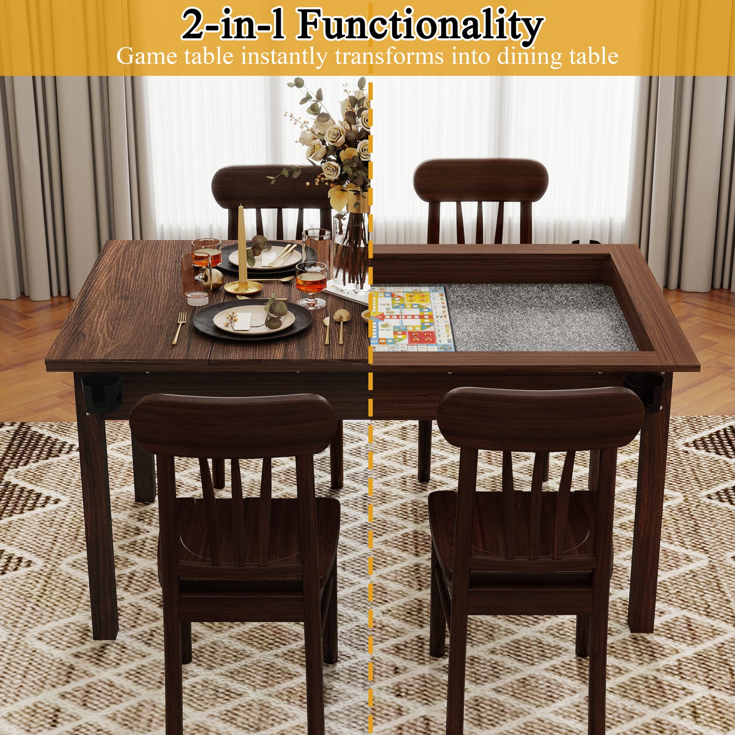 63" Board Game Table - Rustic Brown for Gaming & Dining