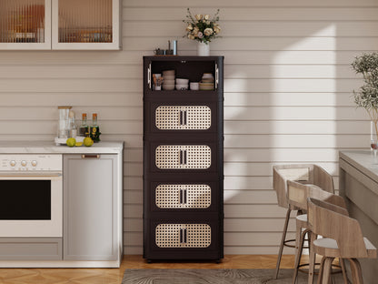Retro Brown,20" Side Wide Folding Storage Cabinet ,5 Tiers,19.69"×11.81"×50.00",Collapsible Storage Bins with Magnetic Door, Plastic Storage Cabinet with Wheels