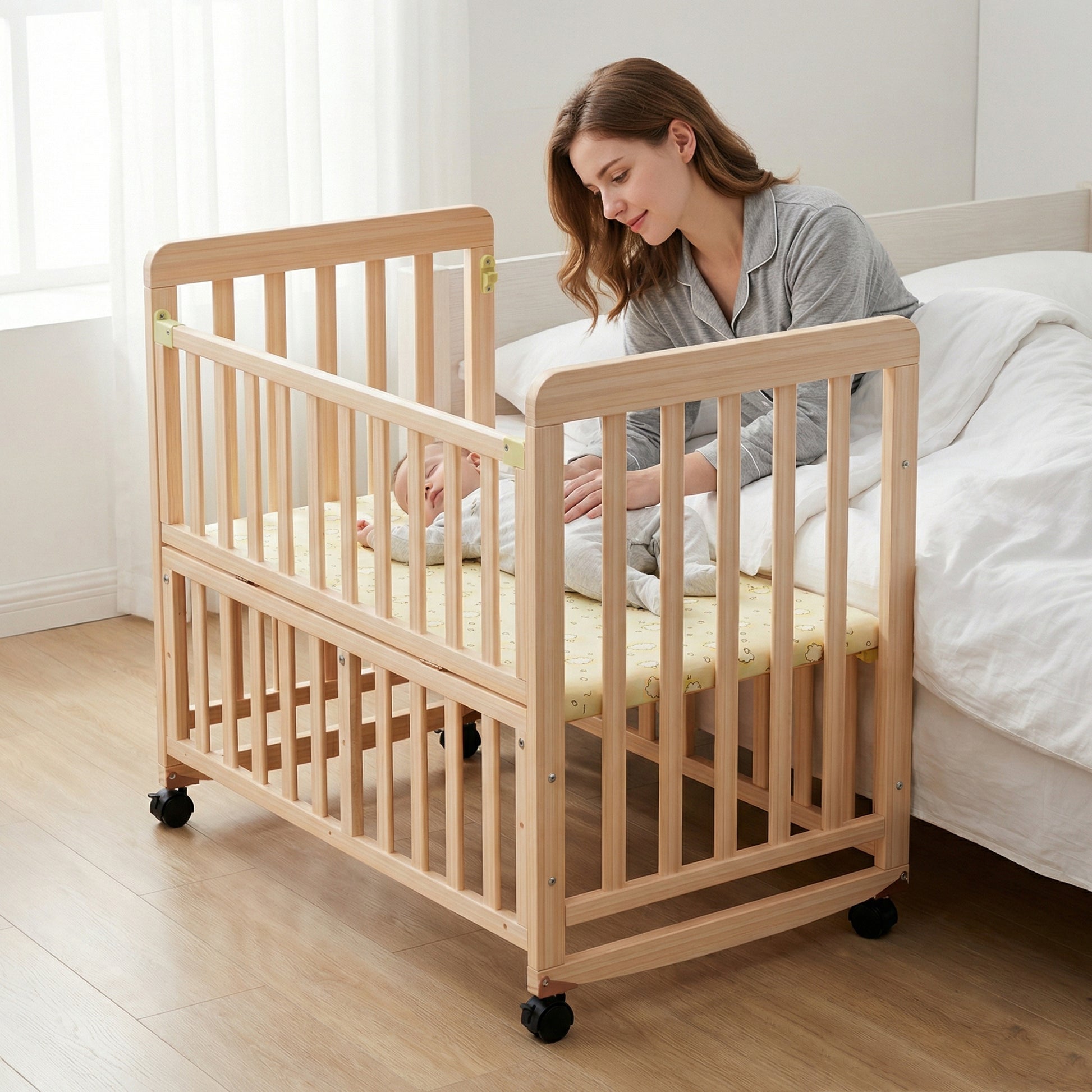 37" Natural Wood Pine Bassinet Bedside Sleeper - Youth Crib