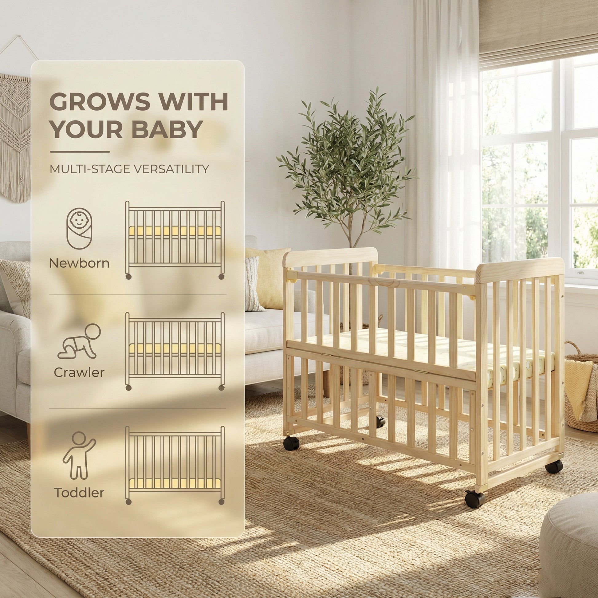 37" Natural Wood Pine Bassinet Bedside Sleeper - Youth Crib