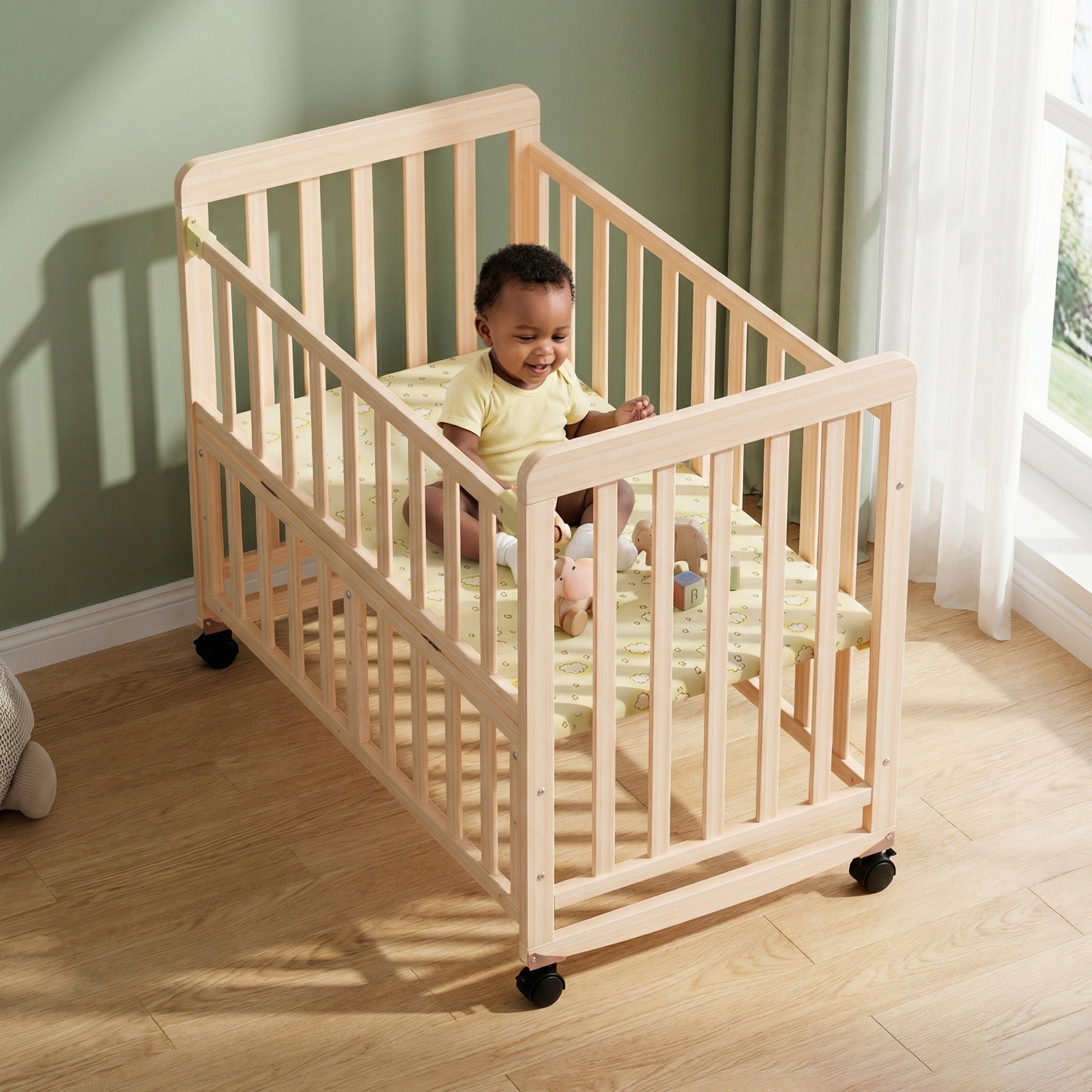 Baby Bassinets Bedside Sleeper - Portable Pine Wood Bedside Bassinet,3 Heights Small Mini Crib with 0.78 inch Mattress,Space-Saving Design Baby Crib for Newborns 0-36 Months