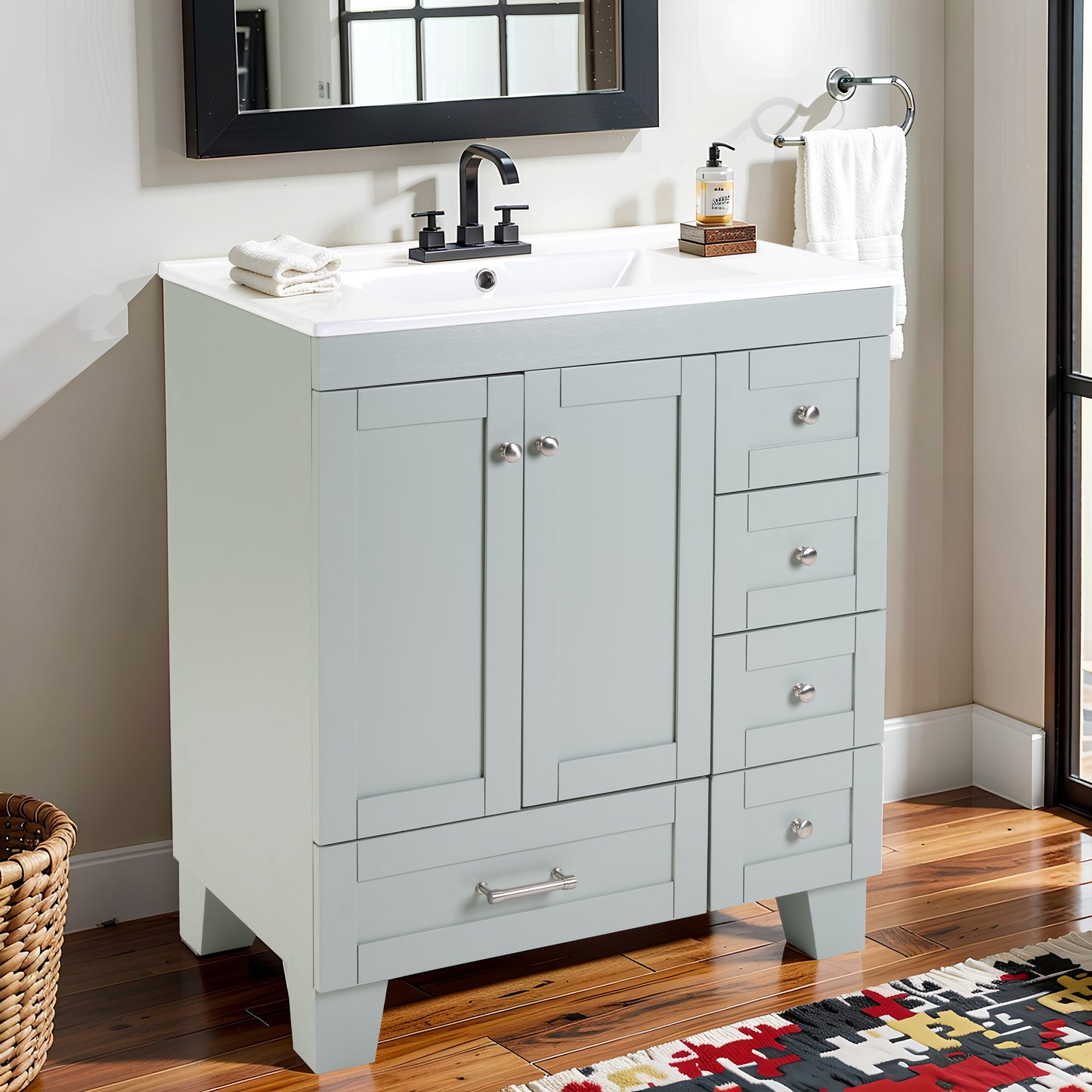30" Blue Grey Bathroom Vanity - Storage & Soft-Close Drawers
