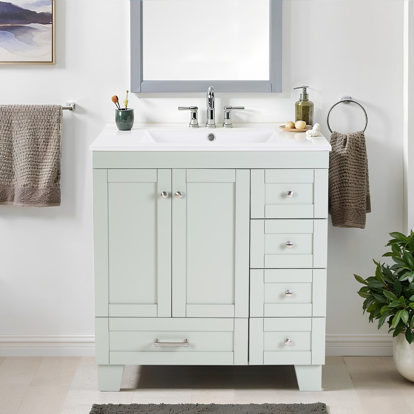 30" Blue Grey Bathroom Vanity with Ceramic Sink - Soft-Close Drawers, Solid Wood Frame, Multi-Organizer Storage ,76x47x85cm