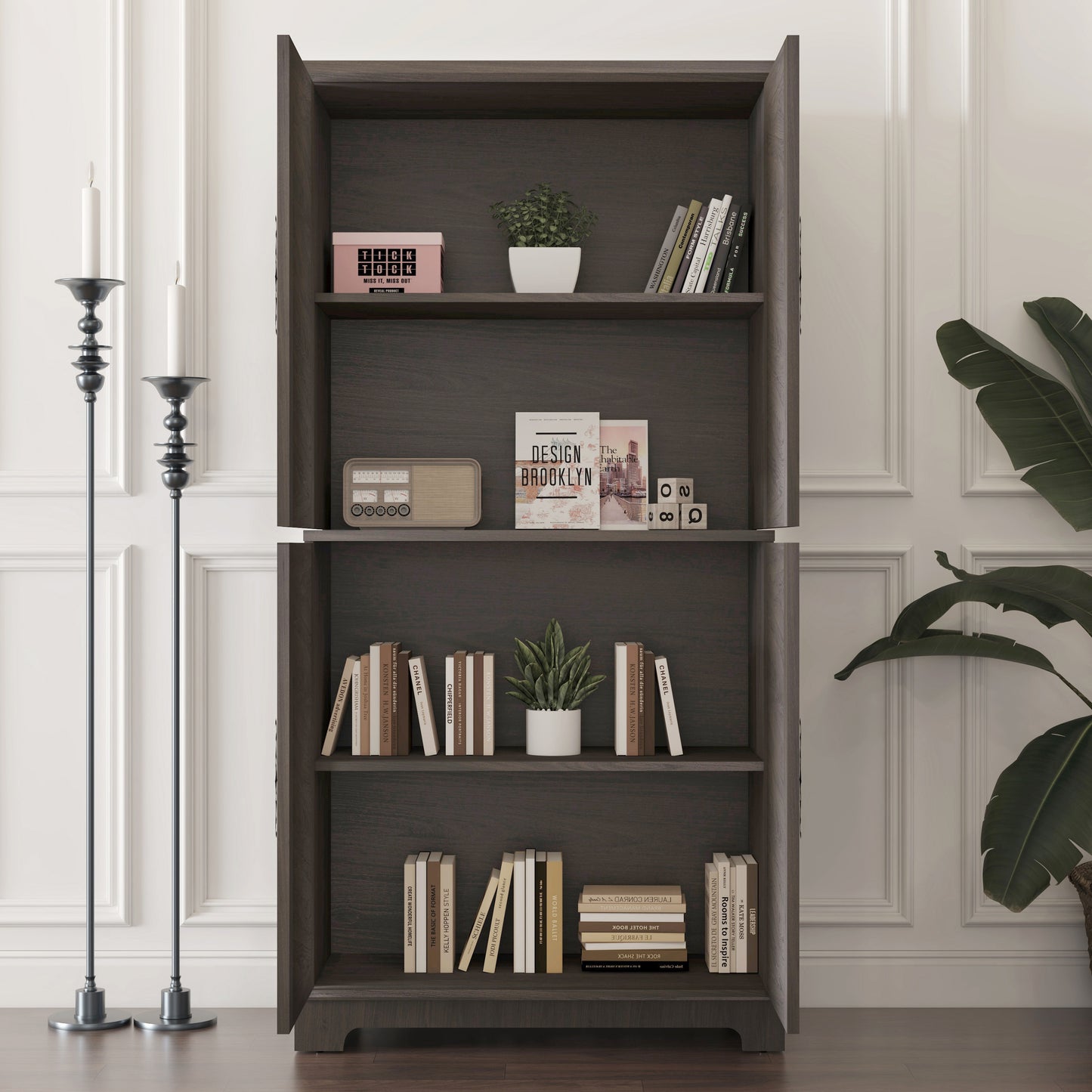 Dark Brown Engineered Wood Sideboard with Adjustable Shelves for Living Room