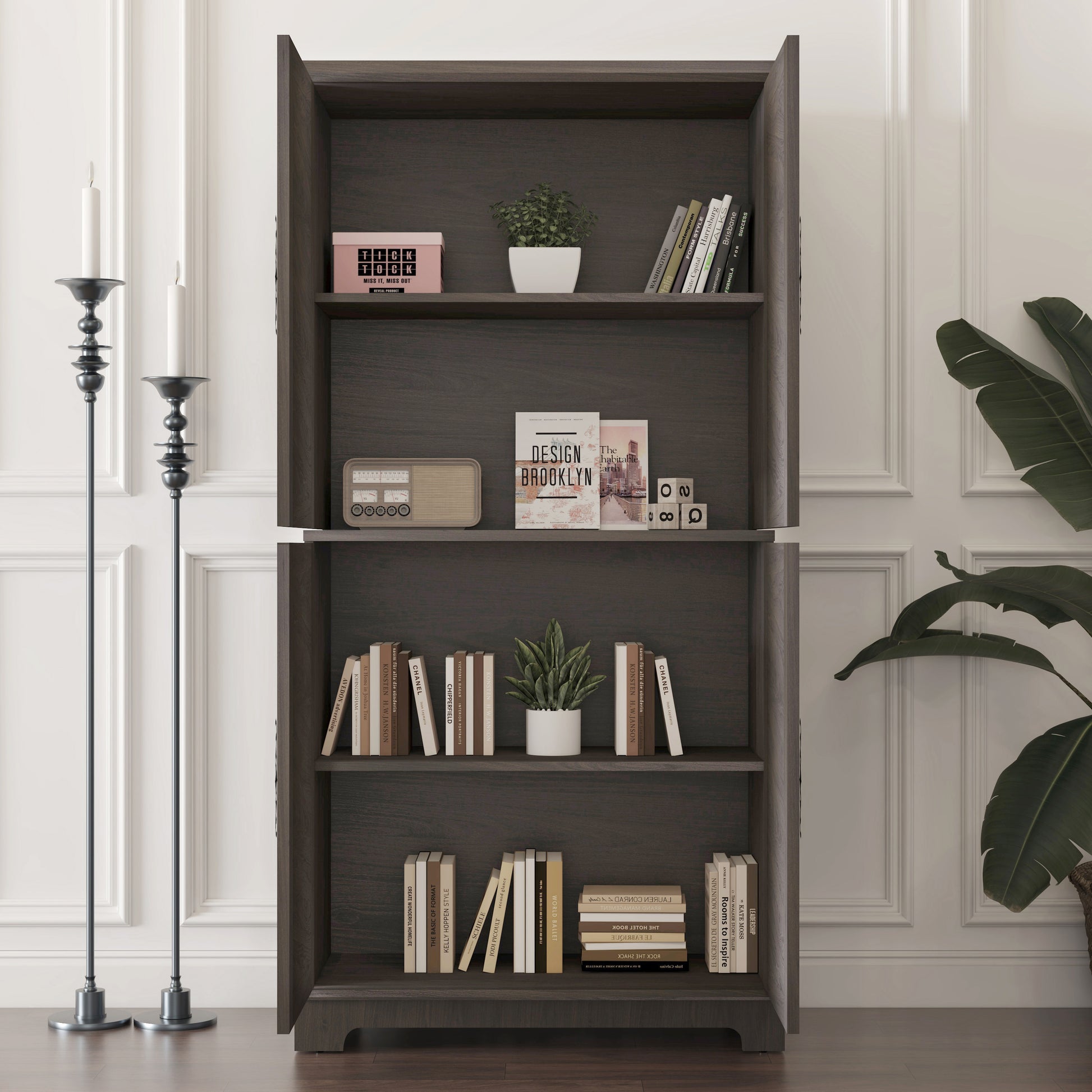 Dark Brown Engineered Wood Sideboard with Adjustable Shelves for Living Room
