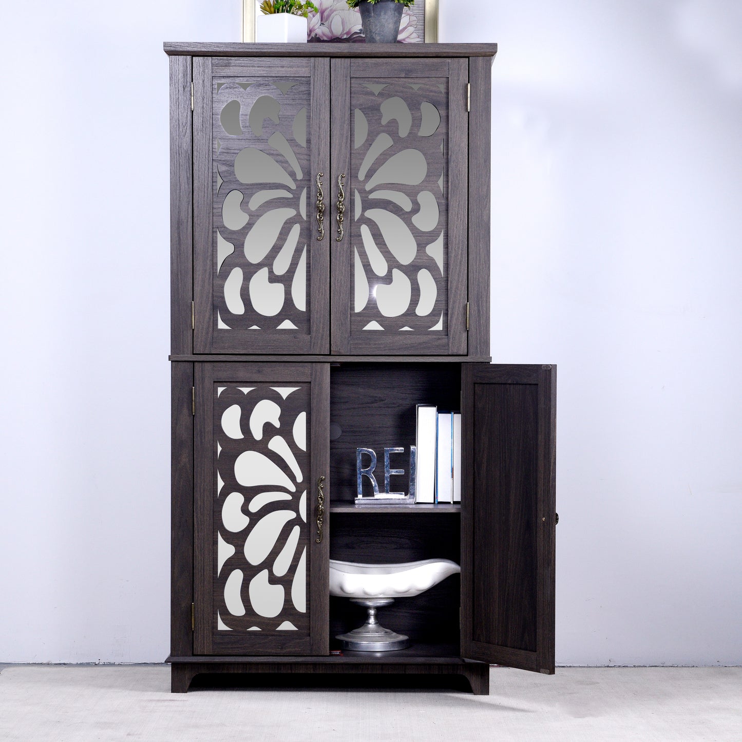 Dark Brown Engineered Wood Sideboard with Adjustable Shelves for Living Room
