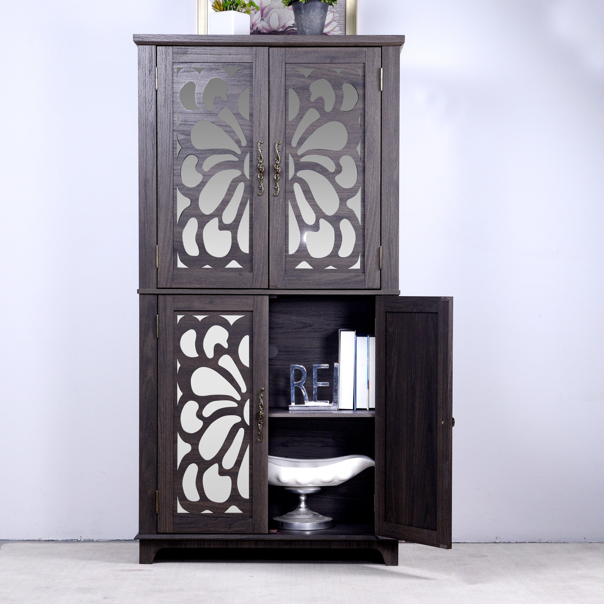 Dark Brown Engineered Wood Sideboard with Adjustable Shelves for Living Room