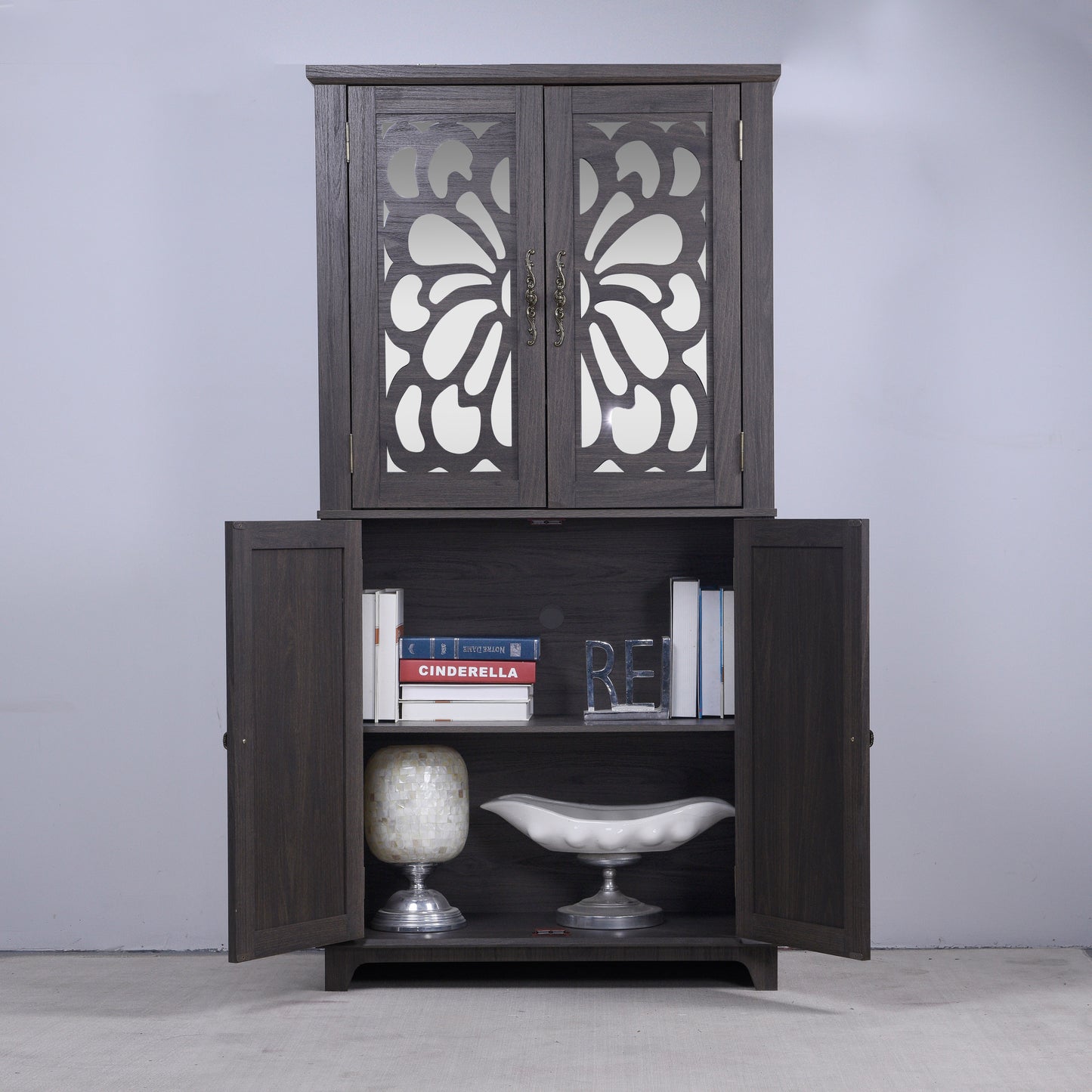 Dark Brown Engineered Wood Sideboard with Adjustable Shelves for Living Room
