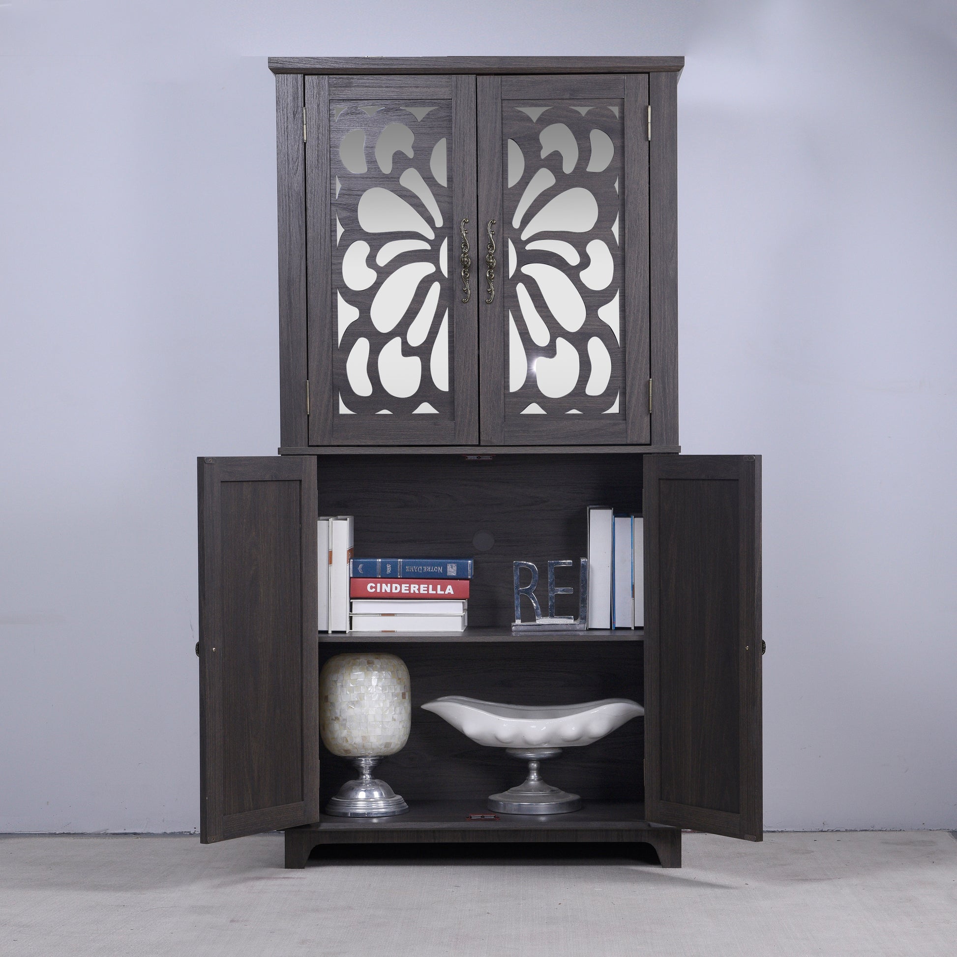 Dark Brown Engineered Wood Sideboard with Adjustable Shelves for Living Room
