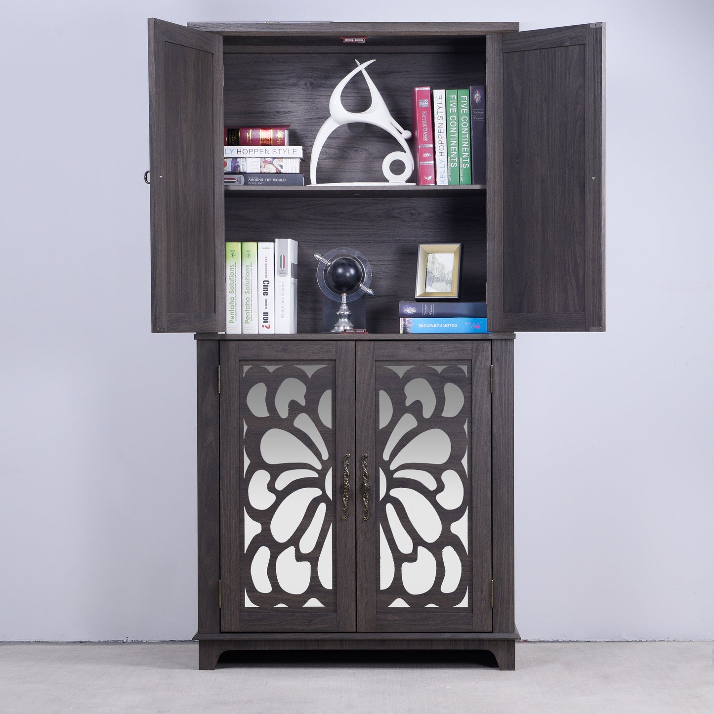 Dark Brown Engineered Wood Sideboard with Adjustable Shelves for Living Room