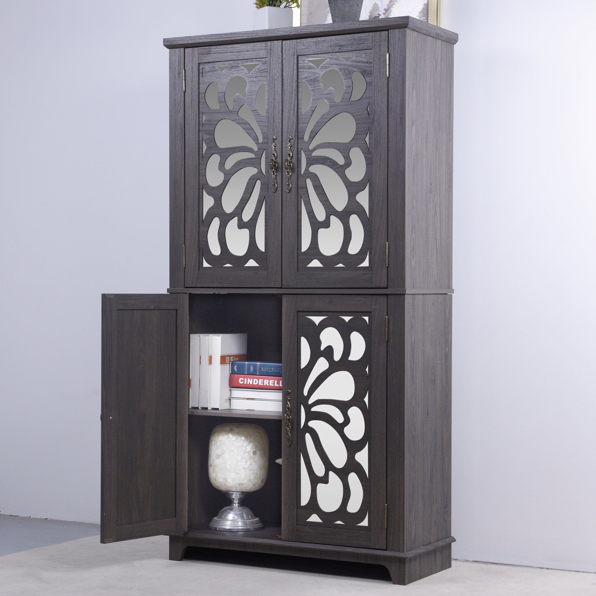 Dark Brown Engineered Wood Sideboard with Adjustable Shelves for Living Room