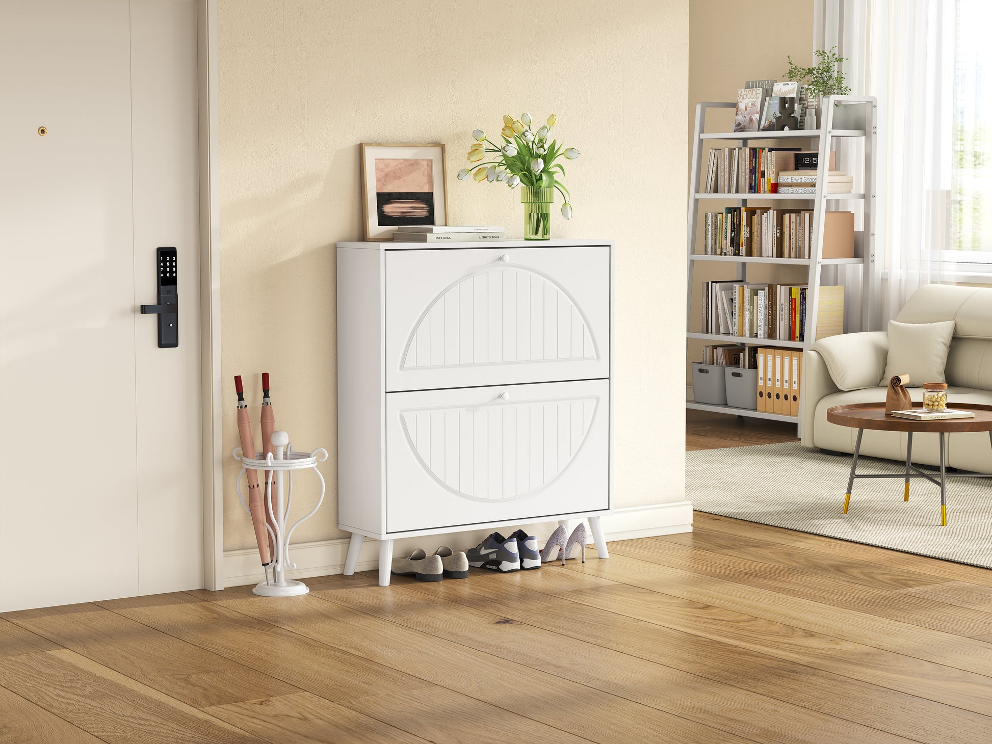 Space-Saving Tipping Bucket Cabinet - Ancient White MDF for Living Room