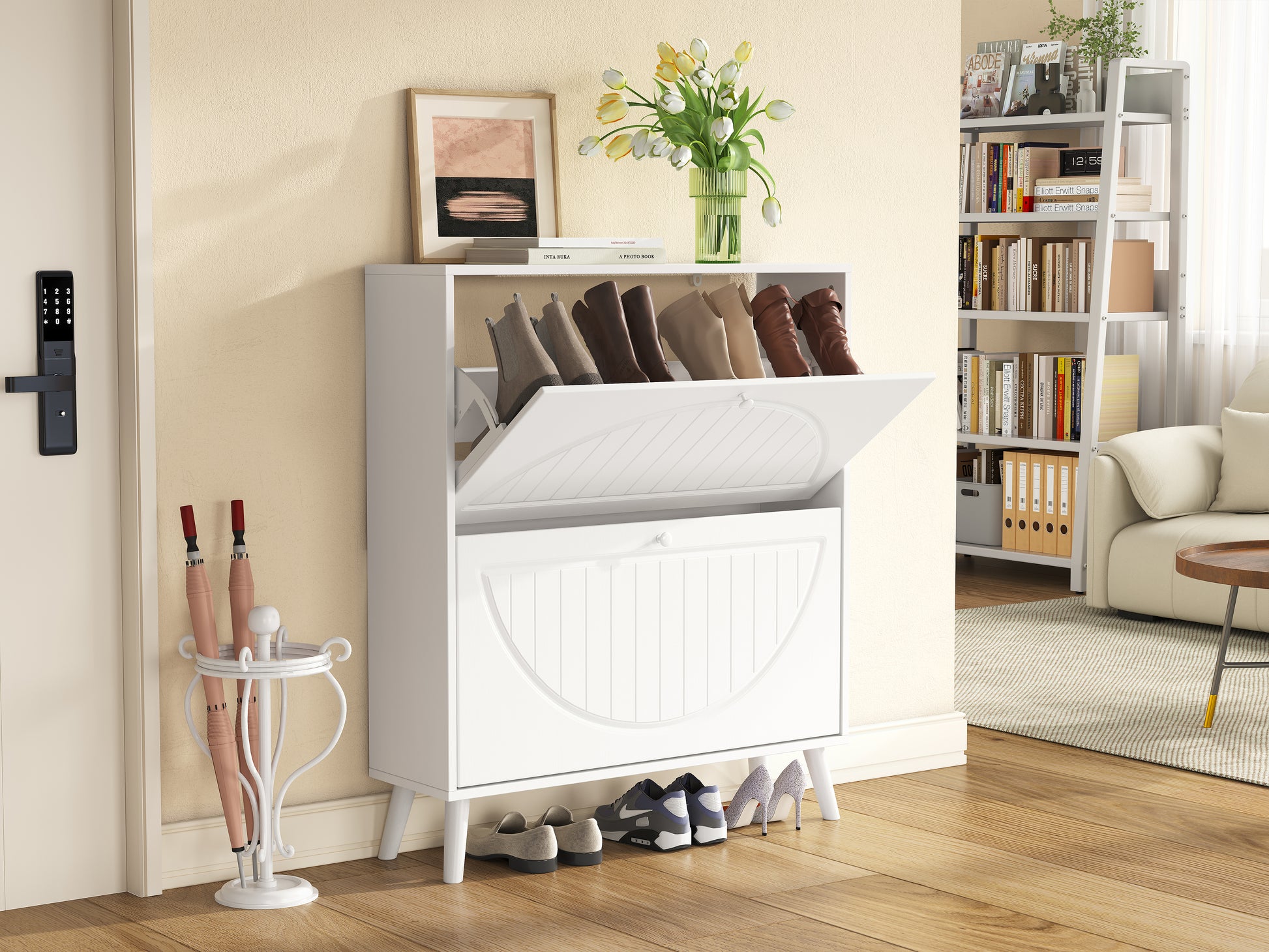 Space-Saving Tipping Bucket Storage Cabinet, Narrow Design with Carved Details, Solid Wood Legs, Anti-Tip Kit Included,  for Small Spaces