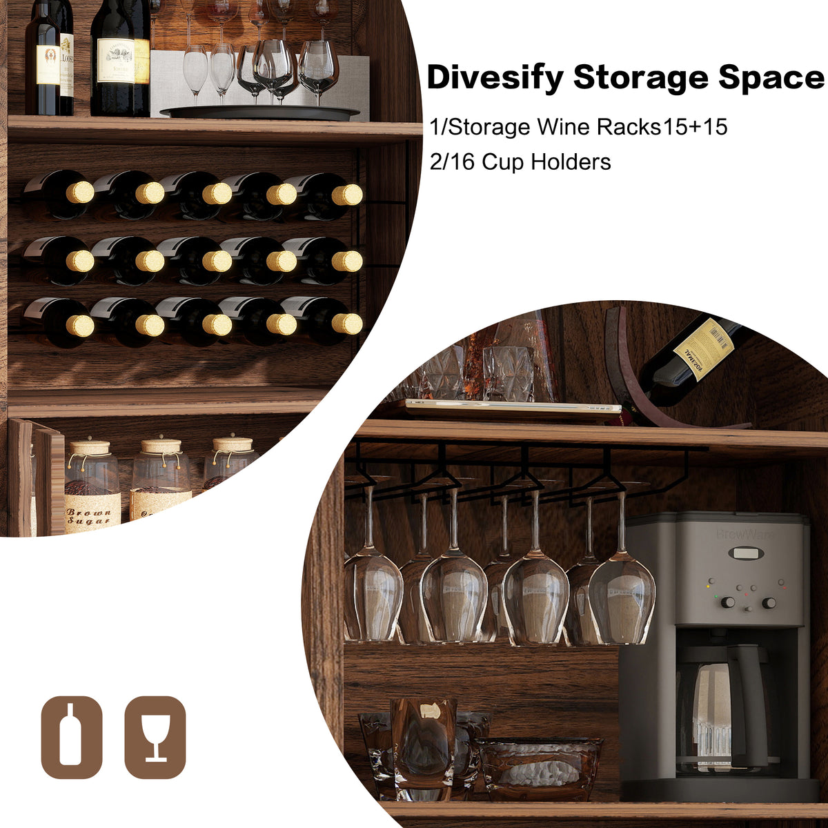 70.87" Brown Oak Farmhouse Bar Cabinet - Wine Bar & Coffee Station for Living Room