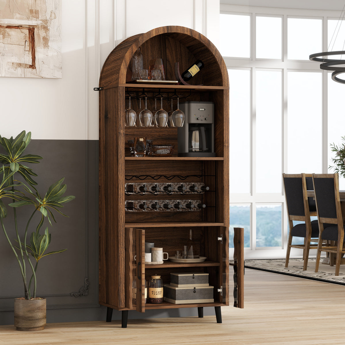 70.87" Brown Oak Farmhouse Bar Cabinet - Wine Bar & Coffee Station for Living Room