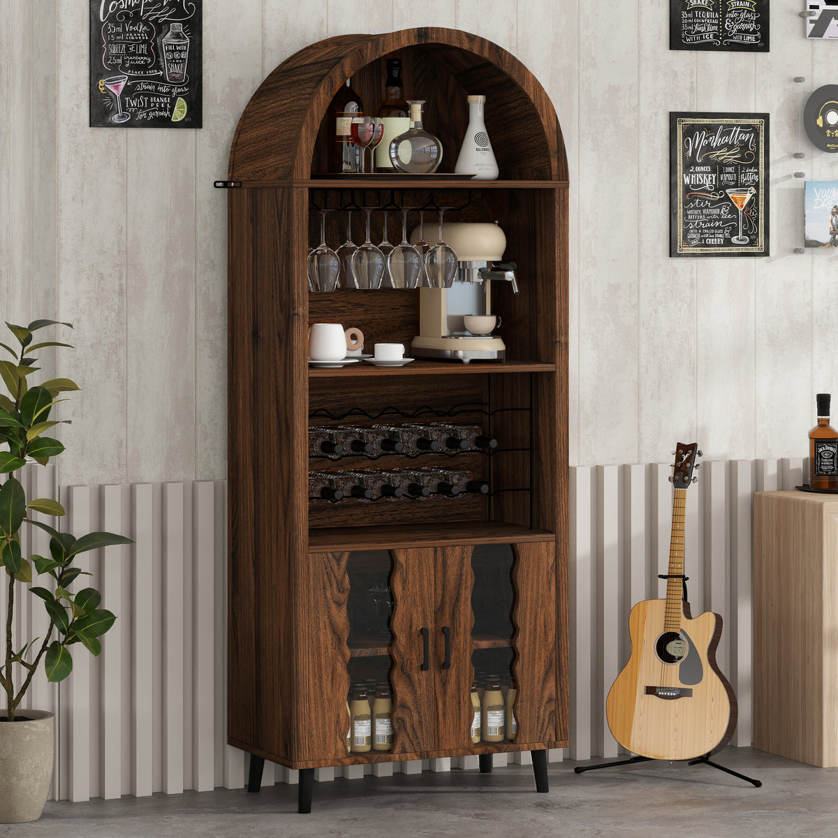 70.87" Brown Oak Farmhouse Bar Cabinet - Wine Bar & Coffee Station for Living Room