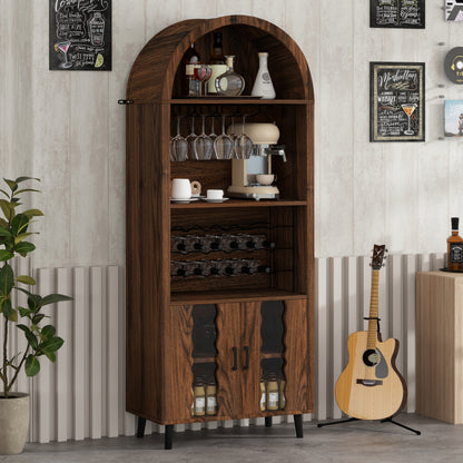 70.87" Brown Oak Farmhouse Bar Cabinet - Wine Bar & Coffee Station for Living Room