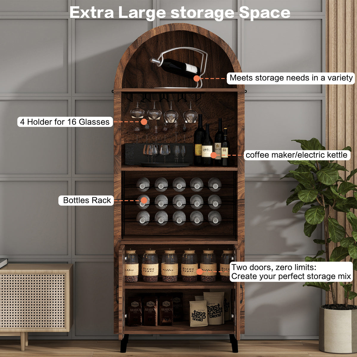 70.87" Brown Oak Farmhouse Bar Cabinet - Wine Bar & Coffee Station for Living Room