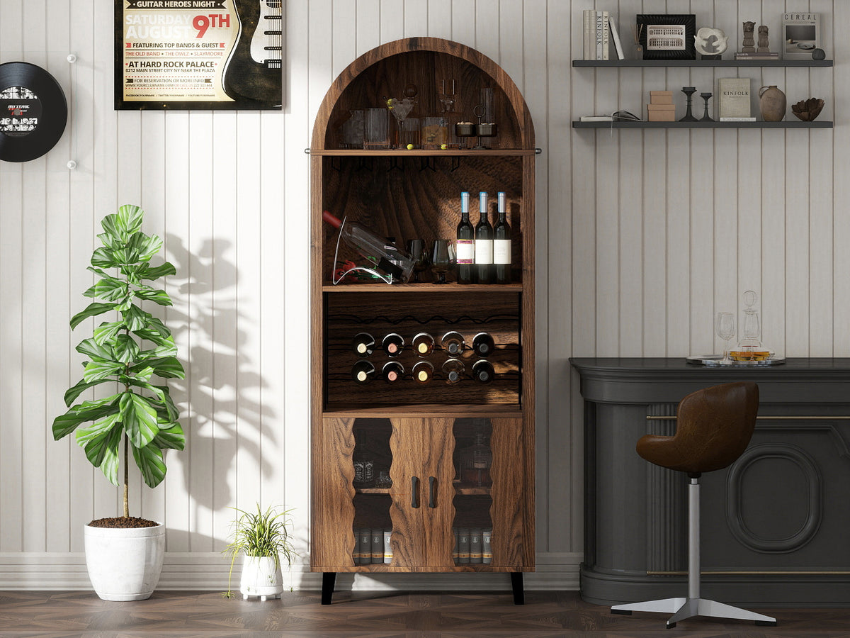 70.87" Brown Oak Farmhouse Bar Cabinet - Wine Bar & Coffee Station for Living Room