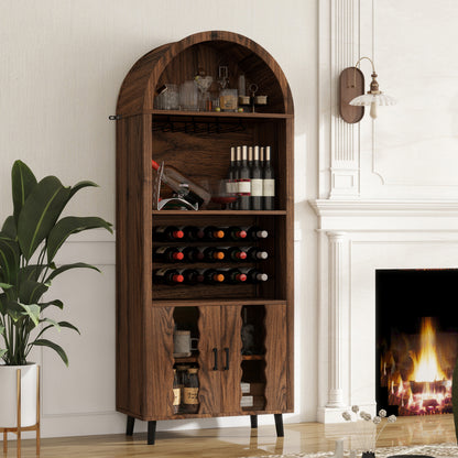 71"Farmhouse Arched Bar Cabinet: tall arched display cabinet , arch wine bar cabinets &coffee bar, whiskey station with wine rack and Wine Glass Holder - Liquor Bars Cabinet for Living Dining Room