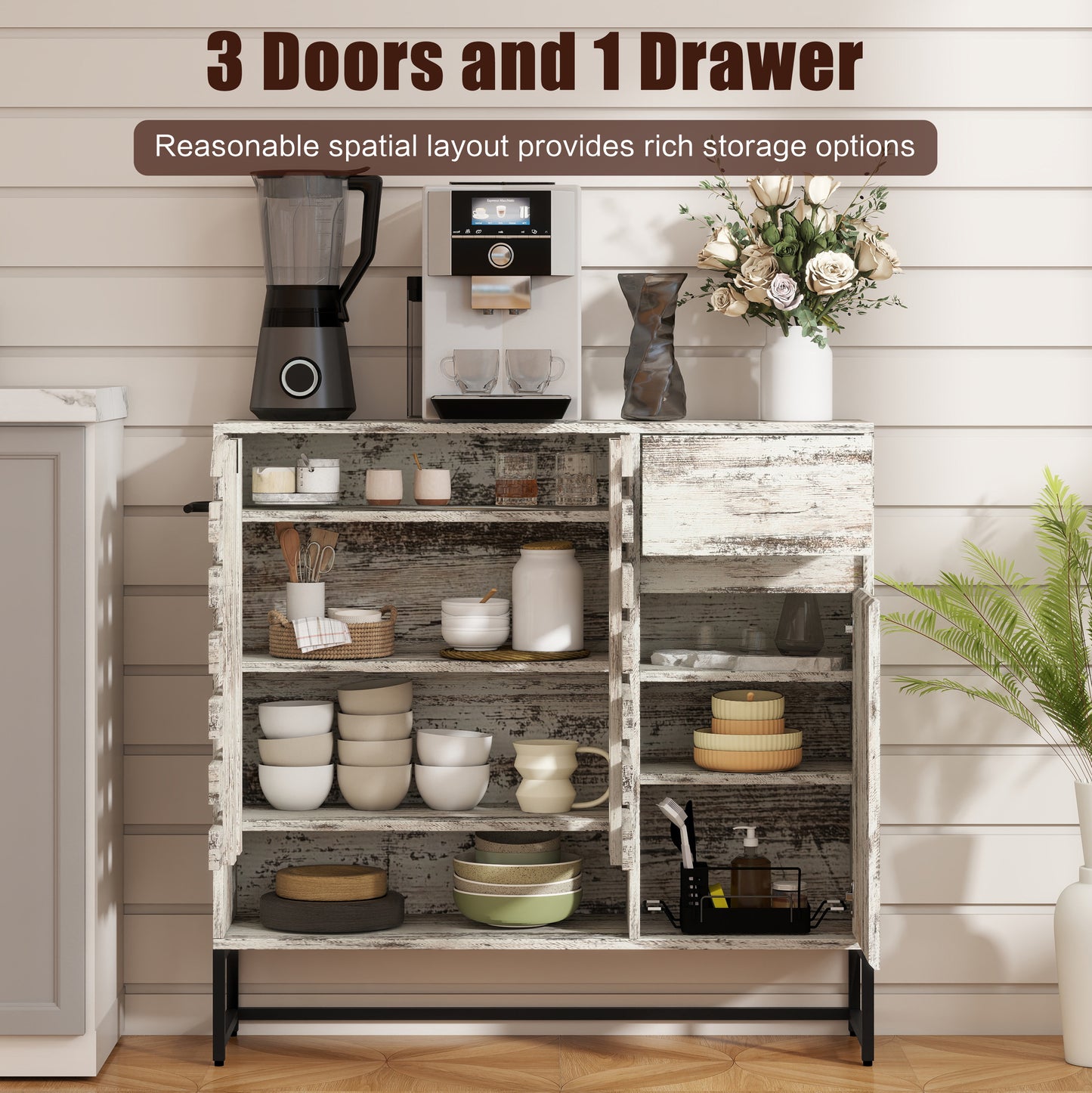 White Vintage Farmhouse Cabinet - 44.3" Storage Sideboard