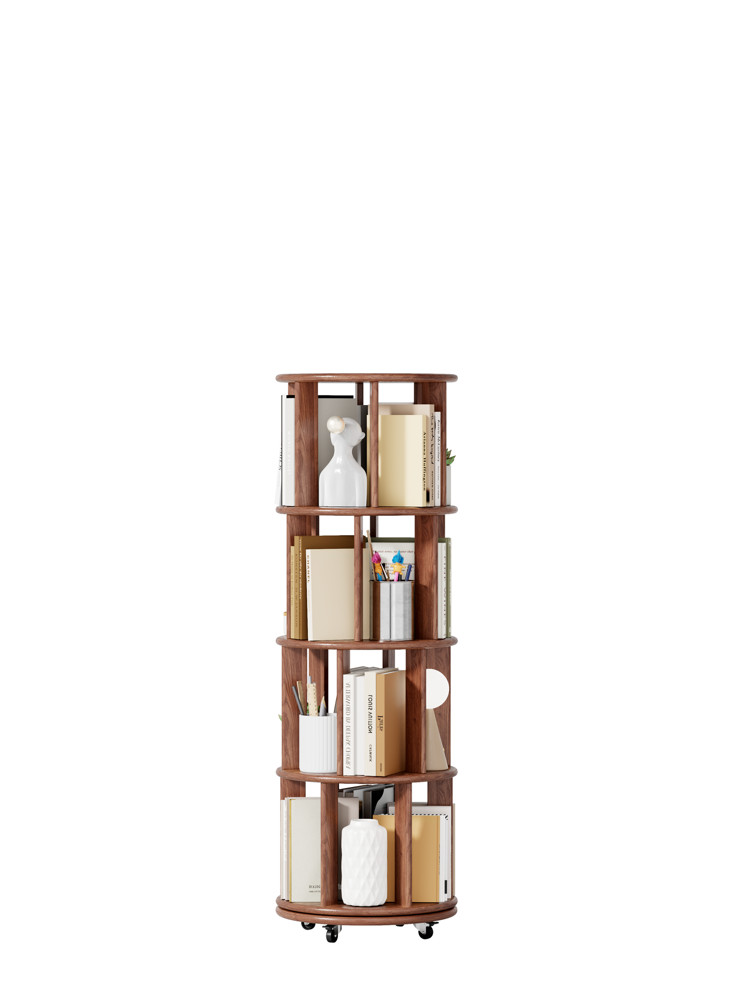 Living Room Walnut Rotating Bookshelf - 4 Tier, 360° Spinning Bookcase for Bedroom