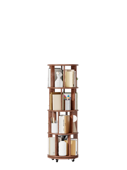 Living Room Walnut Rotating Bookshelf - 4 Tier, 360° Spinning Bookcase for Bedroom
