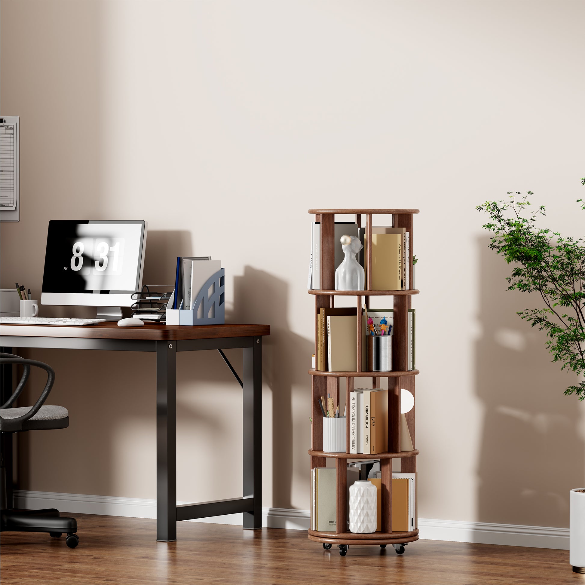 Living Room Walnut Rotating Bookshelf - 4 Tier, 360° Spinning Bookcase for Bedroom