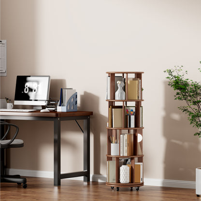 Living Room Walnut Rotating Bookshelf - 4 Tier, 360° Spinning Bookcase for Bedroom