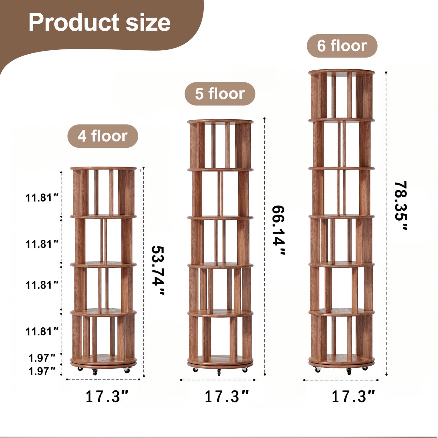 Living Room Walnut Rotating Bookshelf - 4 Tier, 360° Spinning Bookcase for Bedroom
