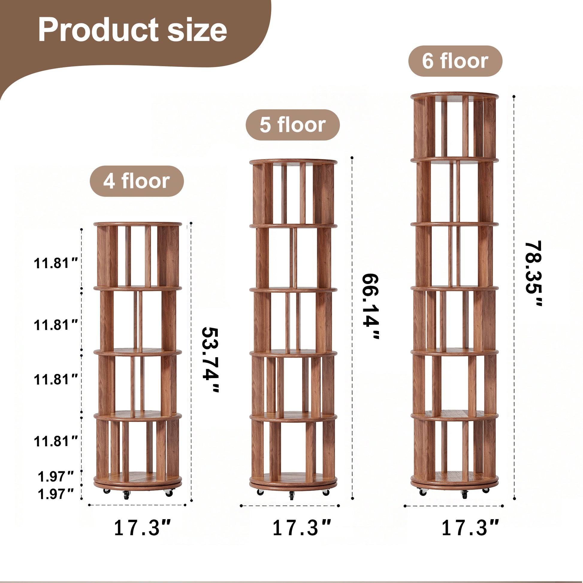 Living Room Walnut Rotating Bookshelf - 4 Tier, 360° Spinning Bookcase for Bedroom