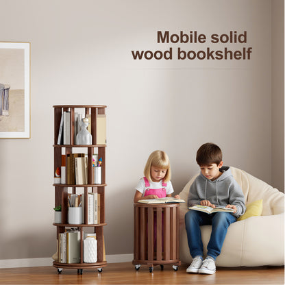Living Room Walnut Rotating Bookshelf - 4 Tier, 360° Spinning Bookcase for Bedroom