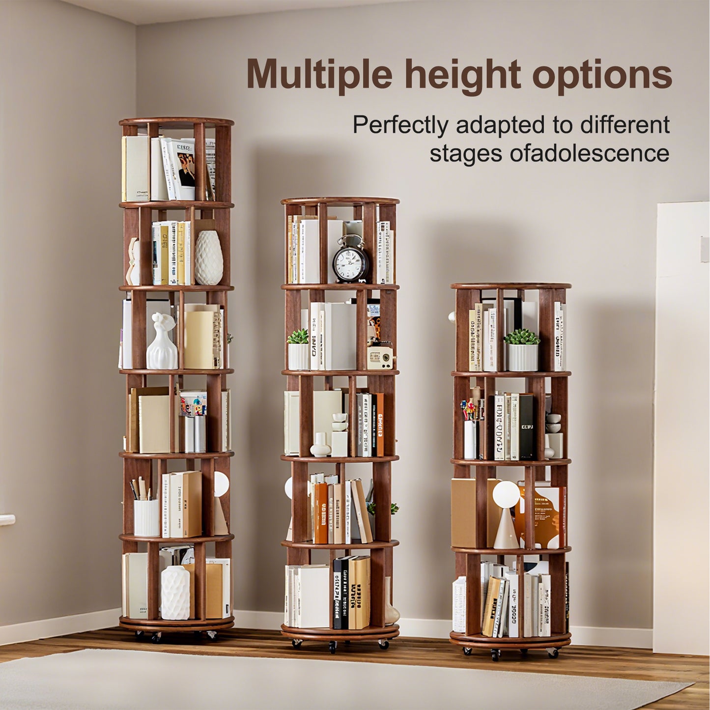 Living Room Walnut Rotating Bookshelf - 4 Tier, 360° Spinning Bookcase for Bedroom