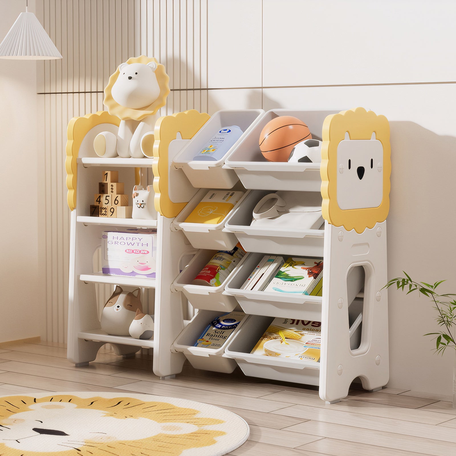 Kids Bookshelf and Toy Storage, 4-Tier Toy Organizers W/8 Removable Storage Bins, Kids Toy Storage Organizer for Study Room, Bedroom, Kids Room, Classroom, Nursery