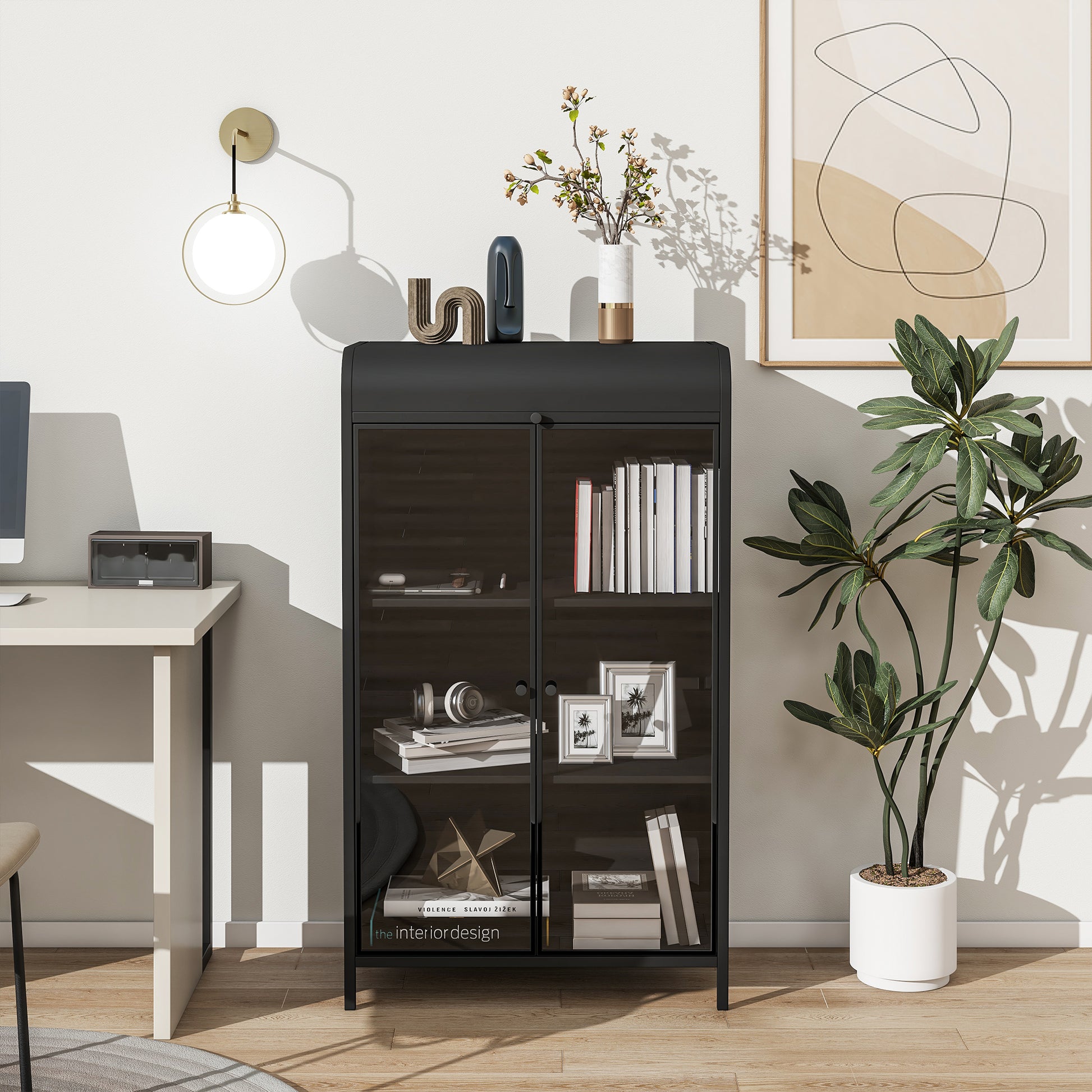 47.6" Tall Metal Storage Cabinet with Glass Doors & Flip-Top, 4-Tier Display Cabinet with Open Shelves, Freestanding Steel Sideboard Buffet for Kitchen, Living Room, Home Office, Dining Room, Bathroom