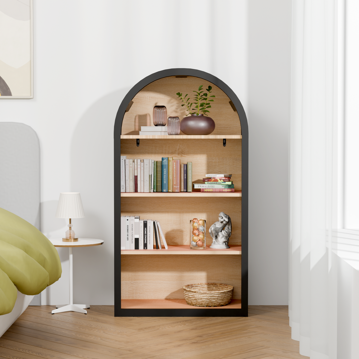 Black Arched Bookshelf - 43" Tall MDF Display Shelf for Living Room