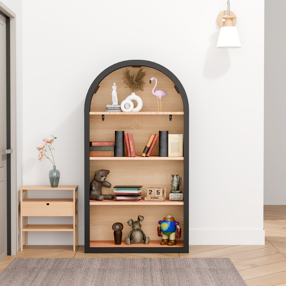 Black Arched Bookshelf - 43" Tall MDF Display Shelf for Living Room