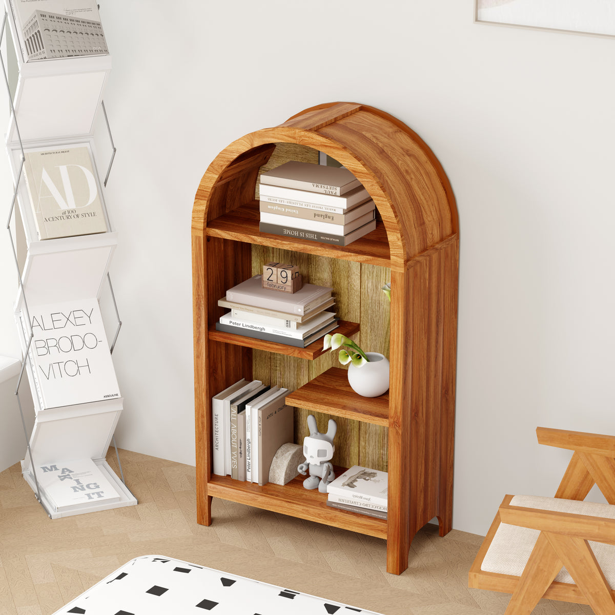 Walnut Melamine Arched Display Cabinet for Entryway or Living Room Storage