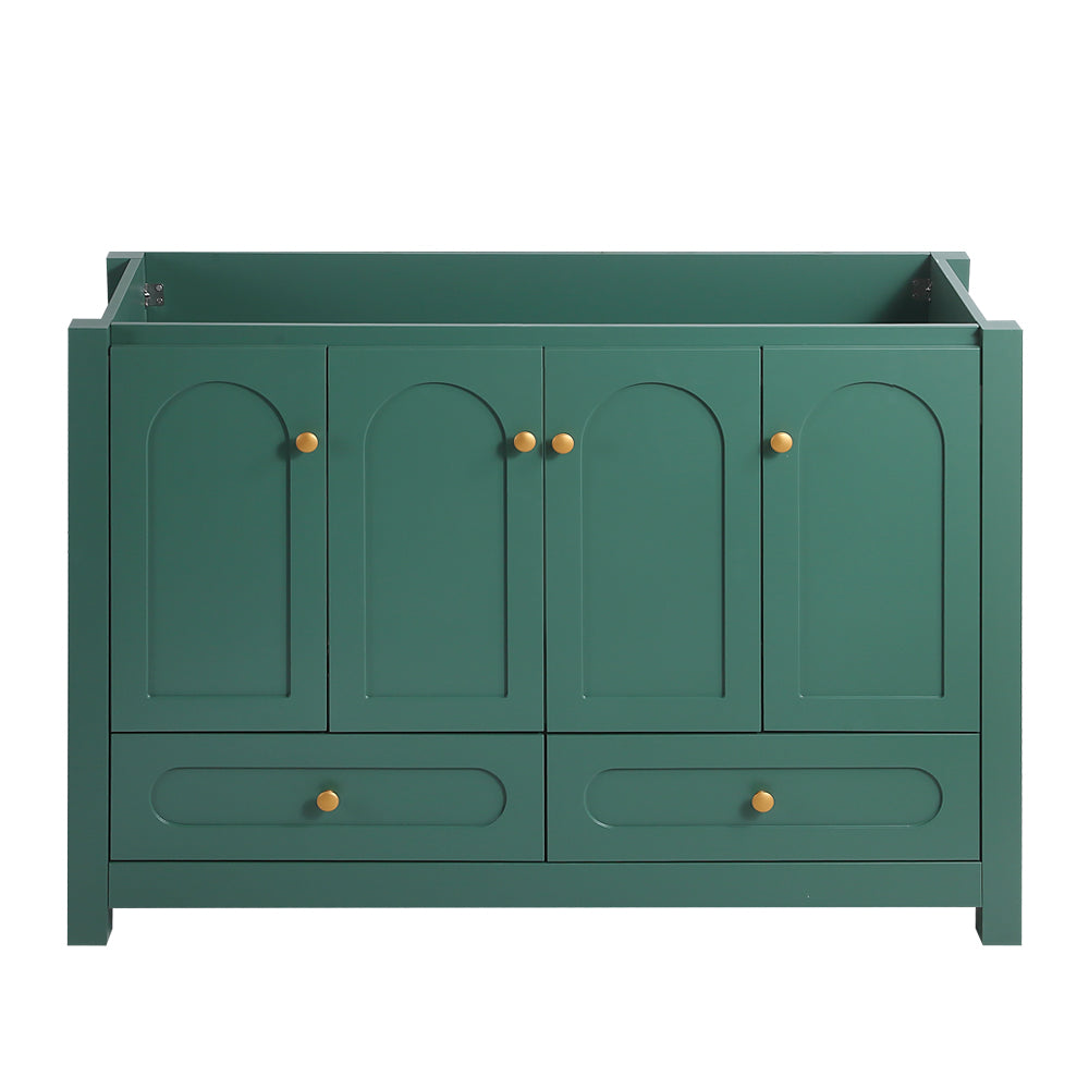 A 48-inch wide green bathroom vanity with ample storage space - a cabinet featuring 4 Soft close doors and 2 drawers (excluding the ceramic basin)