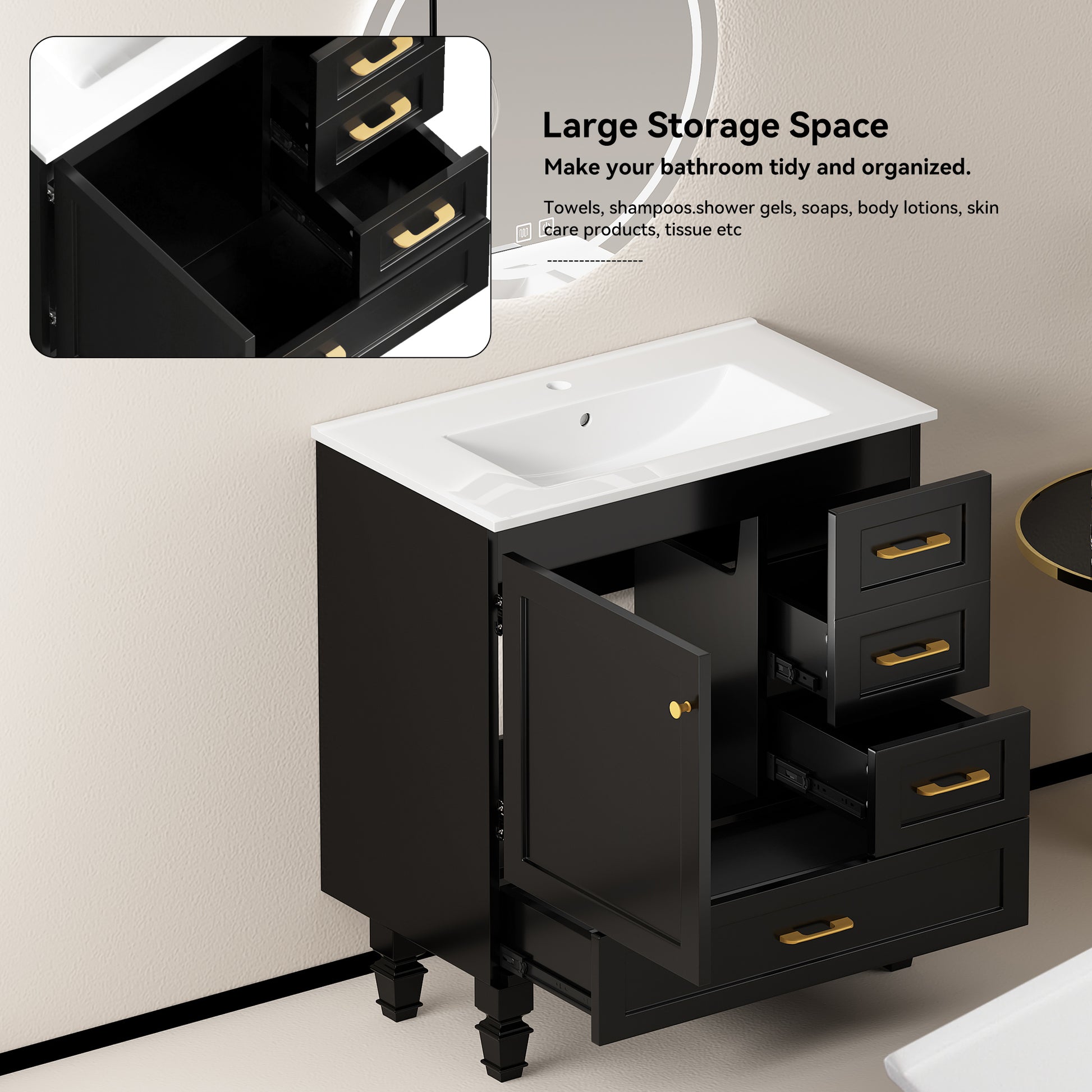 30" Black Bathroom Vanity - Ample Storage Cabinet, MDF
