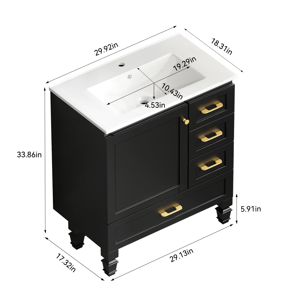30" Black Bathroom Vanity - Ample Storage Cabinet, MDF