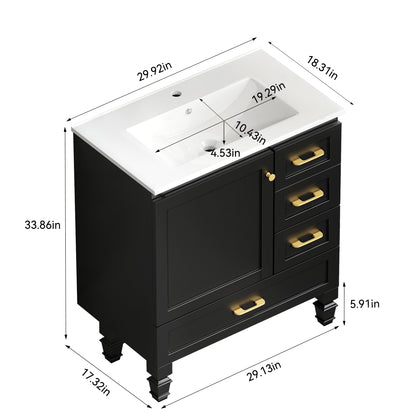 30" Black Bathroom Vanity - Ample Storage Cabinet, MDF