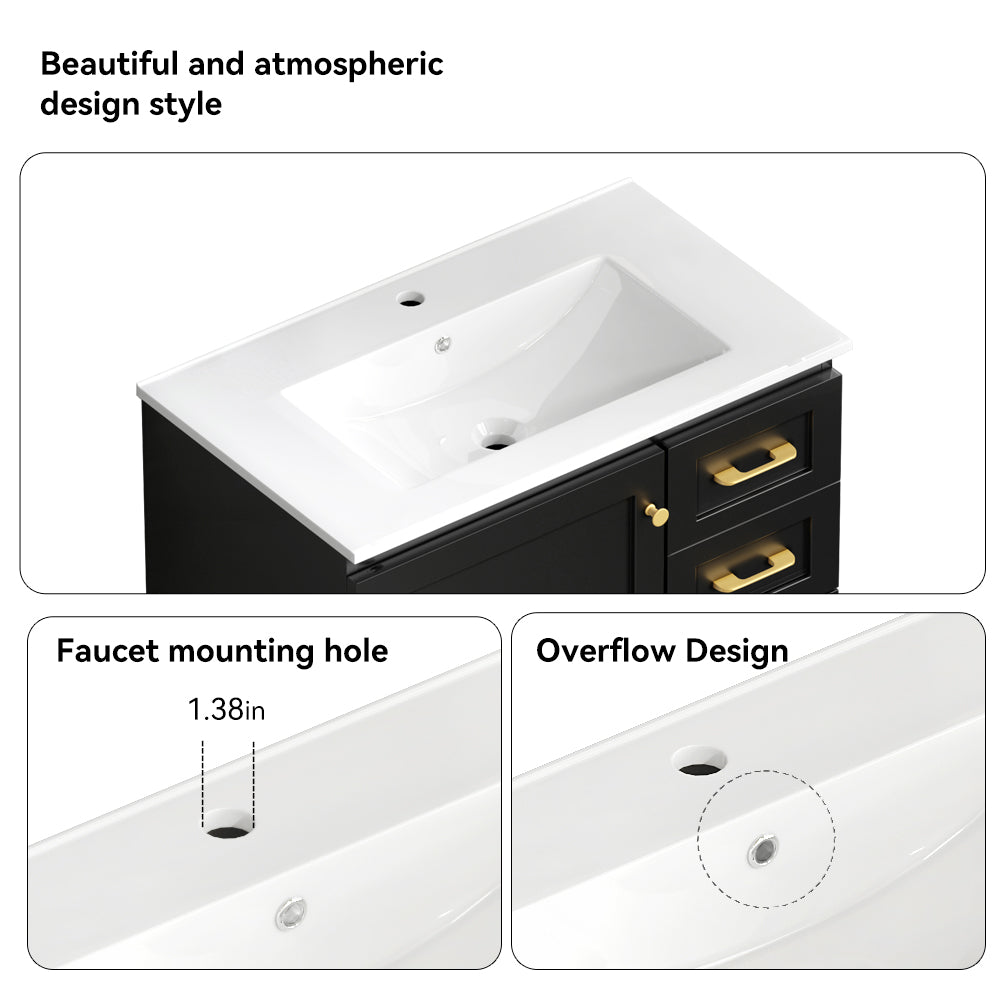 30" Black Bathroom Vanity - Ample Storage Cabinet, MDF