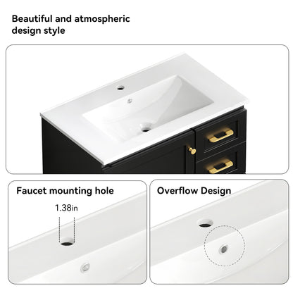 30" Black Bathroom Vanity - Ample Storage Cabinet, MDF