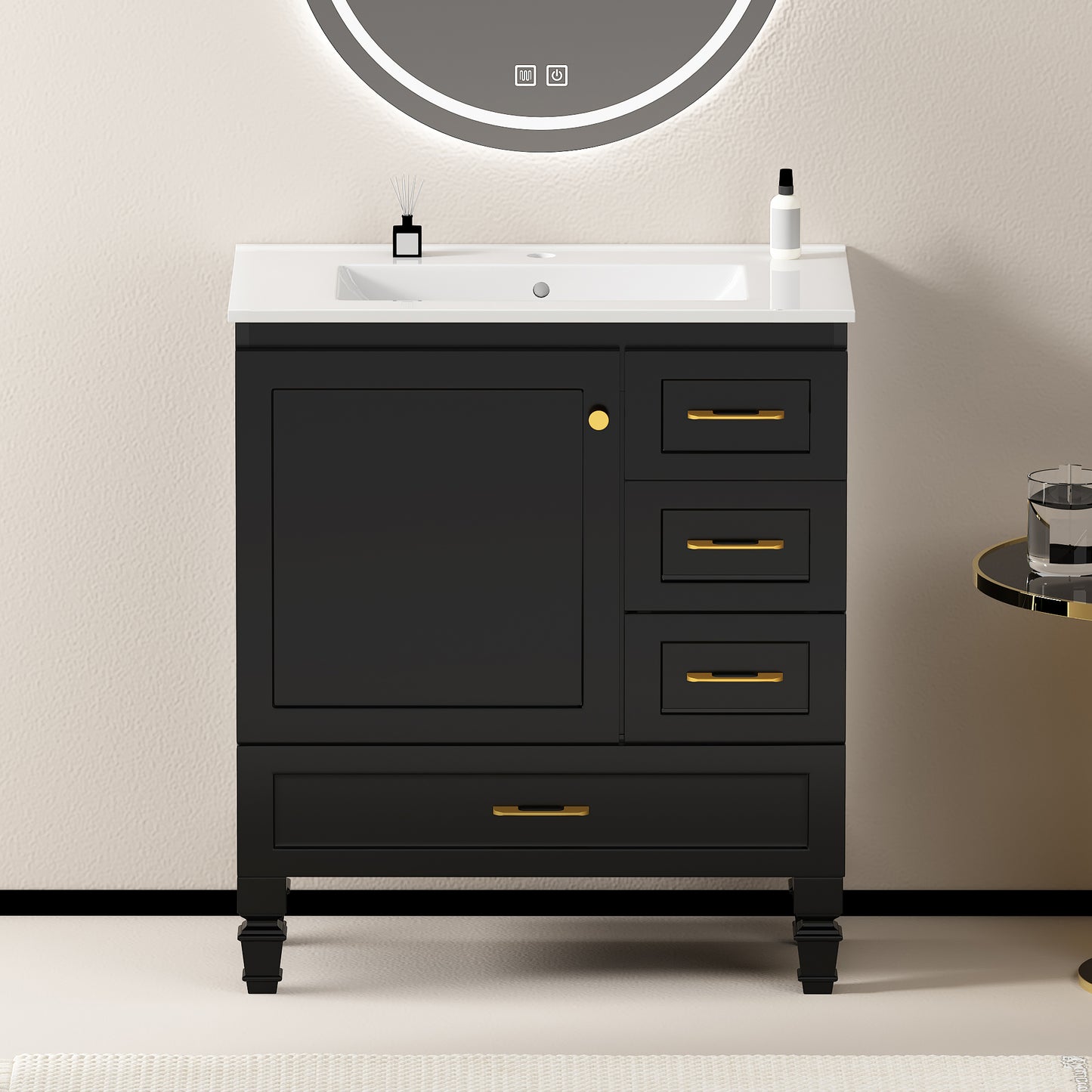 30"Black Bathroom Vanity. Abundant Storage Cabinet -1 Soft close doors and 3 drawers