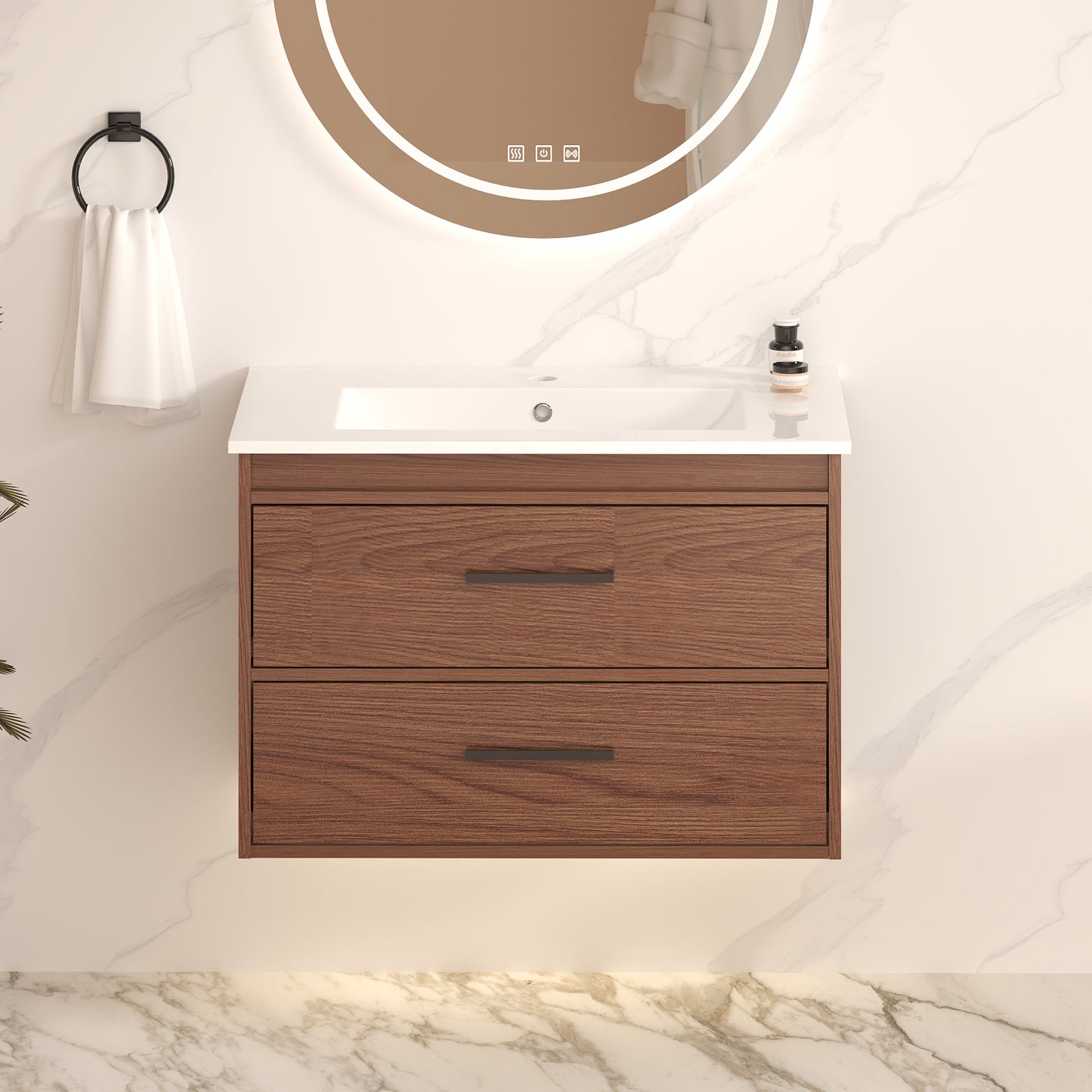 30"  reddish brown  Wall Mounting Bathroom Vanity, Soft Close  2 Drawer