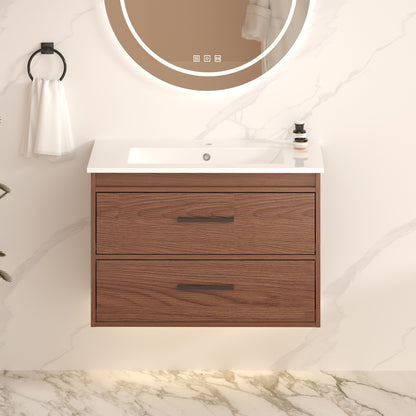 30"  reddish brown  Wall Mounting Bathroom Vanity, Soft Close  2 Drawer