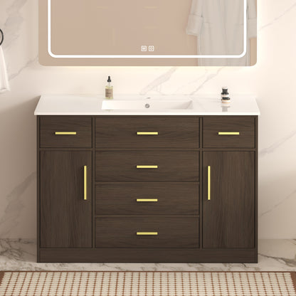 48"Dark Brown Bathroom Vanity. Abundant Storage Cabinet -2 Soft close doors and 6 drawers