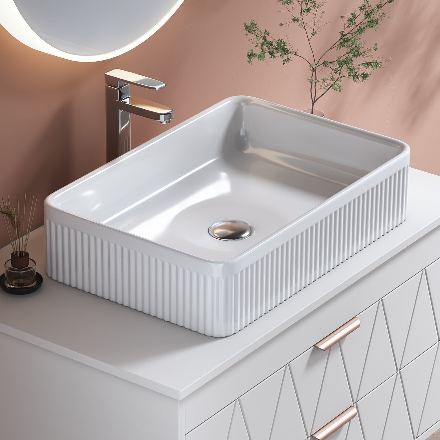 White Rectangular Ceramic Bathroom Vessel Sink with Drain Assembly